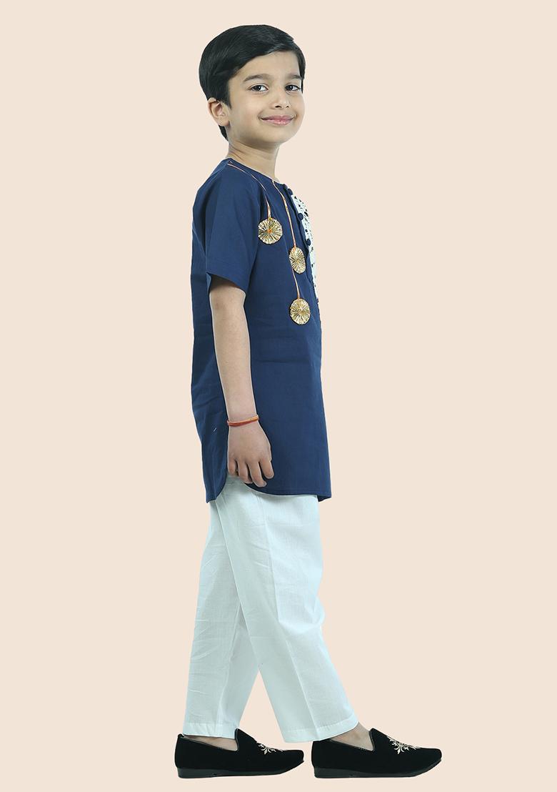 Blue Embellished Cotton Kurta Set For Boy
