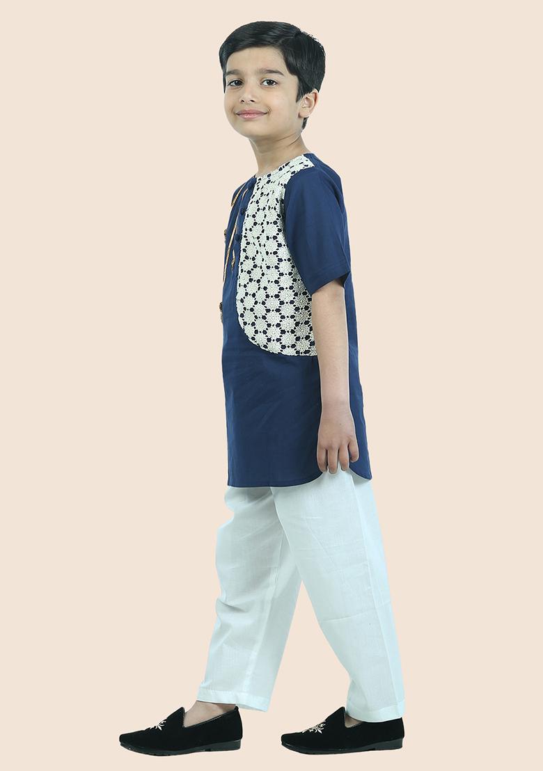 Blue Embellished Cotton Kurta Set For Boy