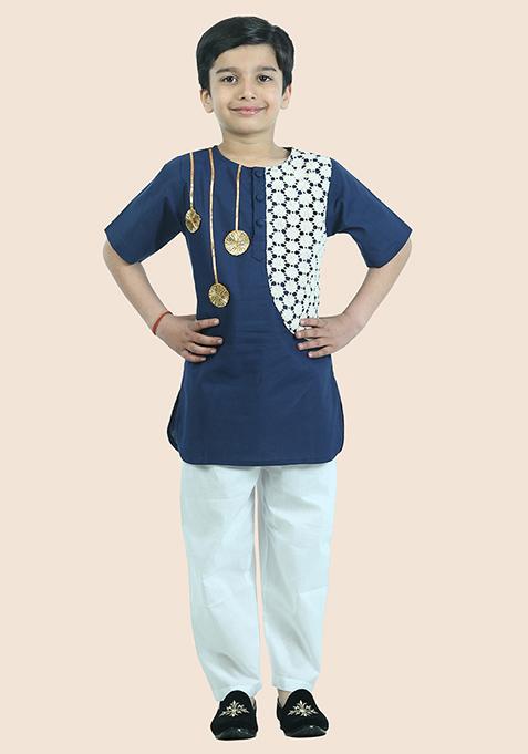 Blue Embellished Cotton Kurta Set For Boy
