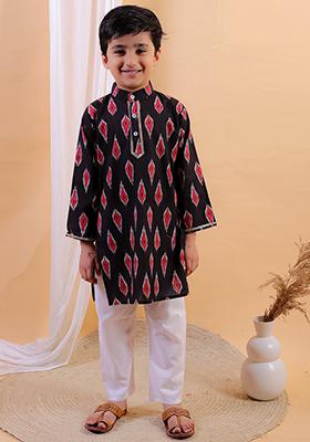 Navy Blue Printed Cotton Kurta Set For Boy