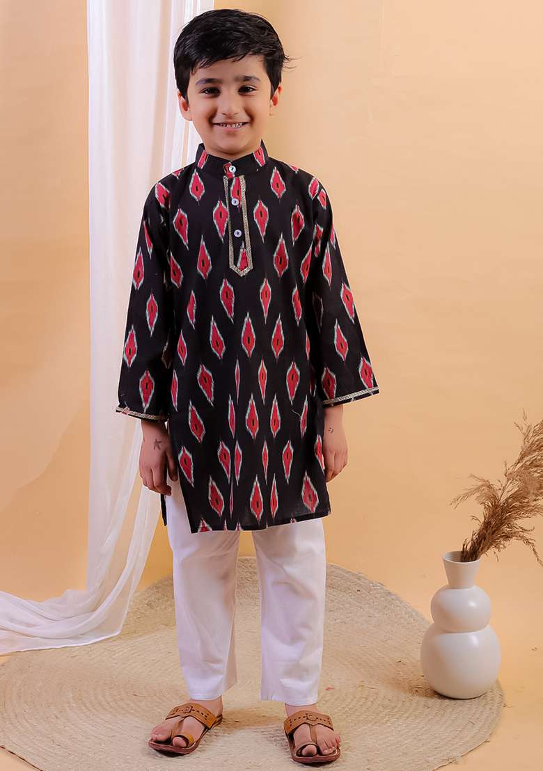 Navy Blue Printed Cotton Kurta Set For Boy - Indya