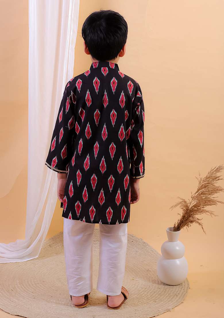Navy Blue Printed Cotton Kurta Set For Boy - Indya