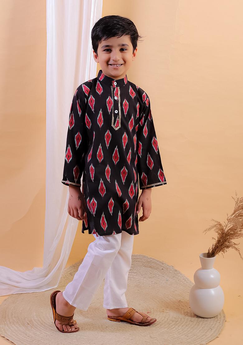 Navy Blue Printed Cotton Kurta Set For Boy