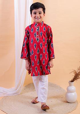 Red Printed Cotton Kurta Set For Boy