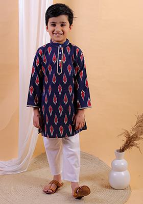 Blue Printed Cotton Kurta Set For Boy