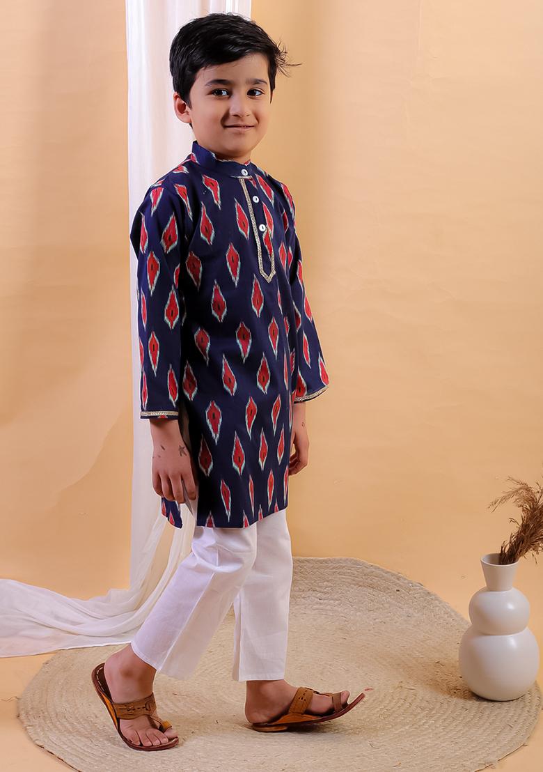 Blue Printed Cotton Kurta Set For Boy