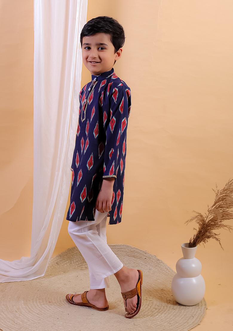 Blue Printed Cotton Kurta Set For Boy