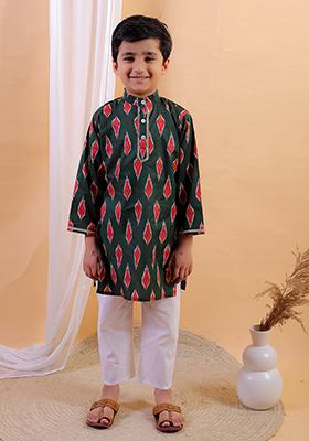 Green Printed Cotton Kurta Set For Boy