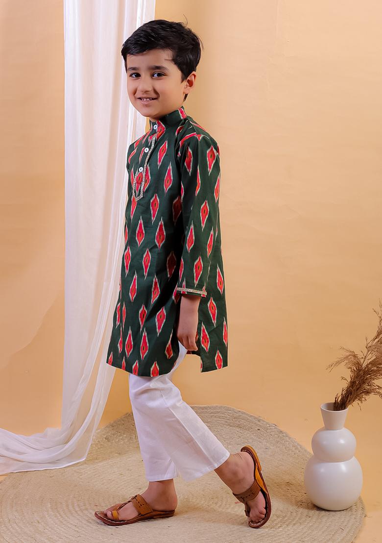Green Printed Cotton Kurta Set For Boy