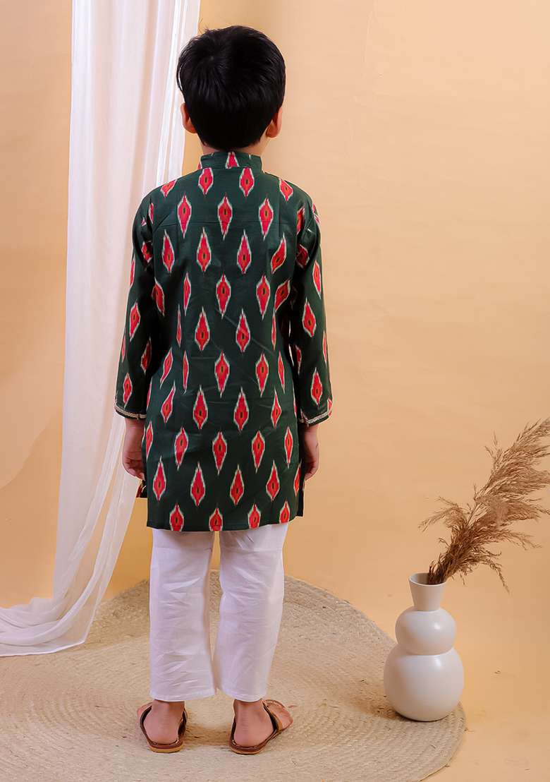 Green Printed Cotton Kurta Set For Boy - Indya