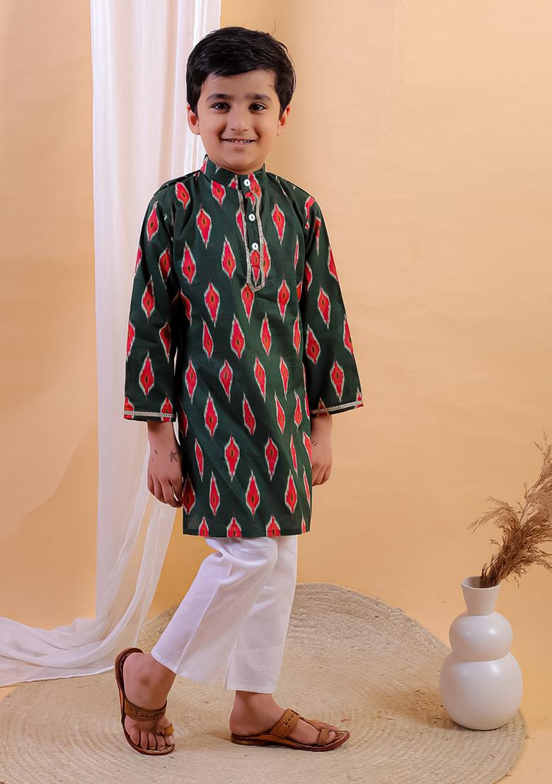 Green Printed Cotton Kurta Set For Boy