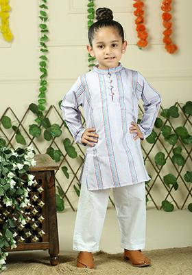 Purple Woven Cotton Kurta Set For Boy