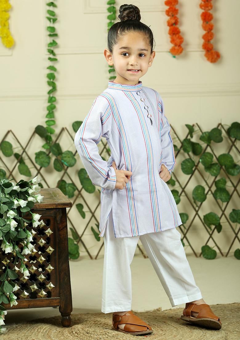 Purple Woven Cotton Kurta Set For Boy