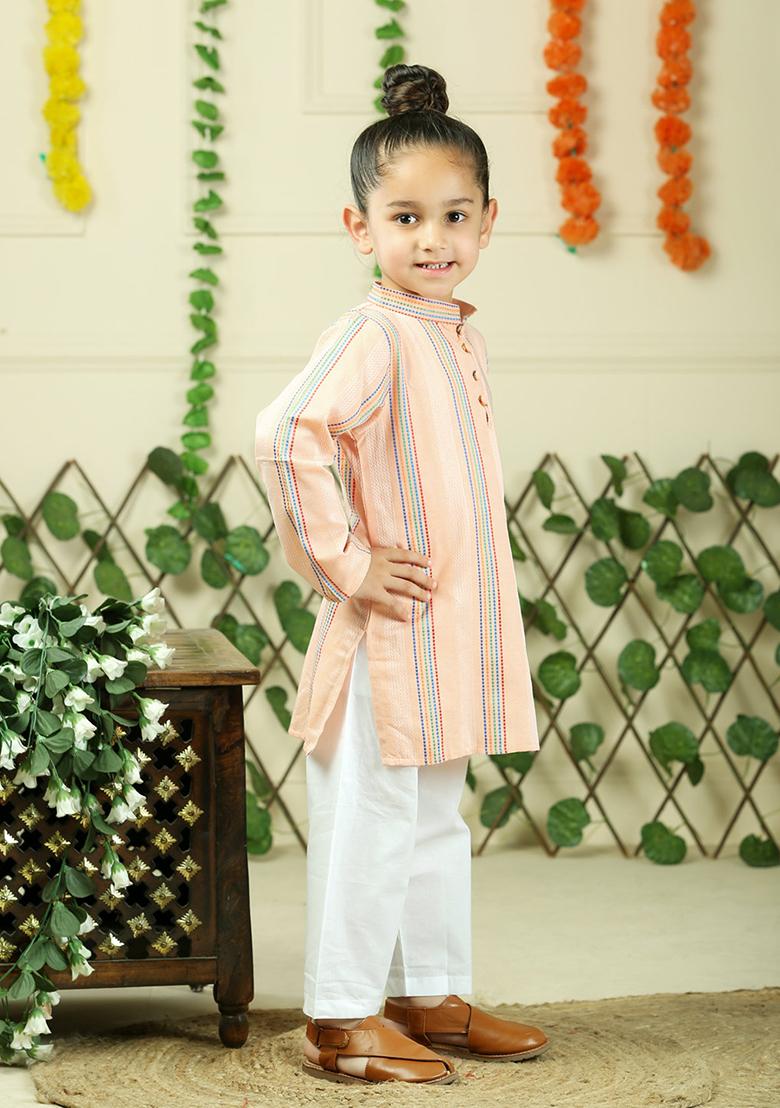 Orange Woven Cotton Kurta Set For Boy