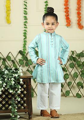 Green Woven Cotton Kurta Set For Boy