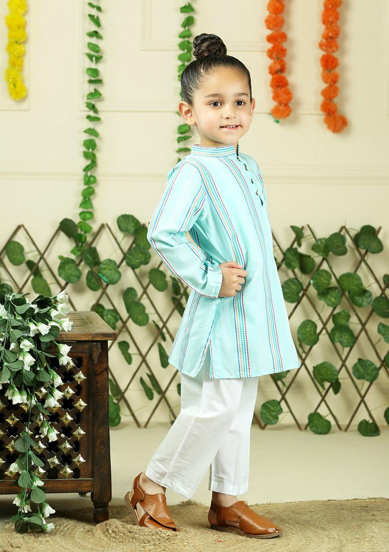Green Woven Cotton Kurta Set For Boy