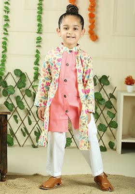 Red Floral Print Cotton Kurta Set For Boy