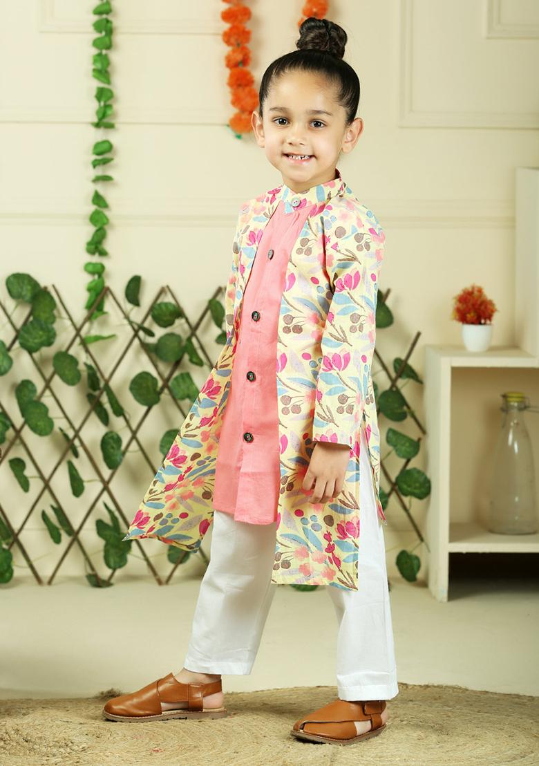 Red Floral Print Cotton Kurta Set For Boy