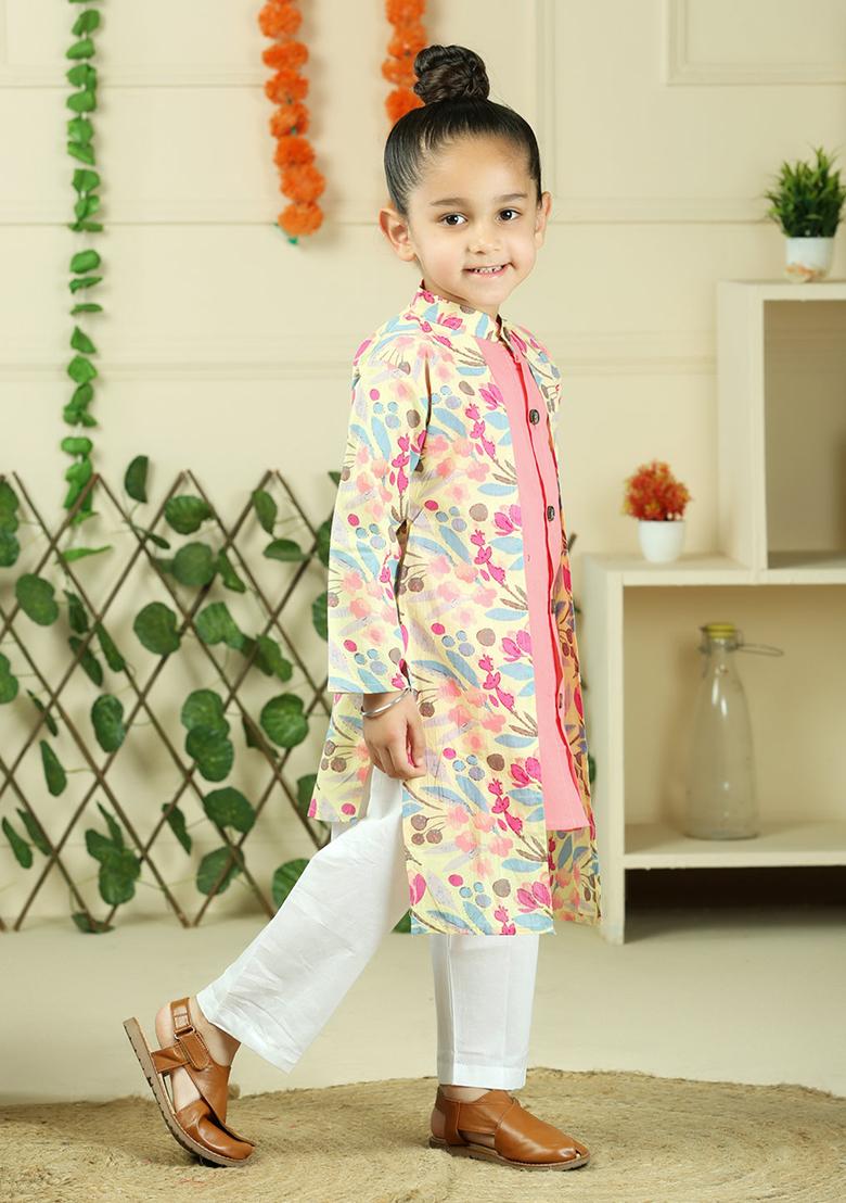 Red Floral Print Cotton Kurta Set For Boy