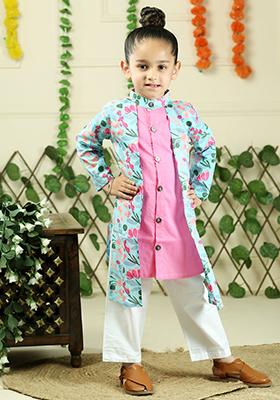 Pink Floral Print Cotton Kurta Set For Boy