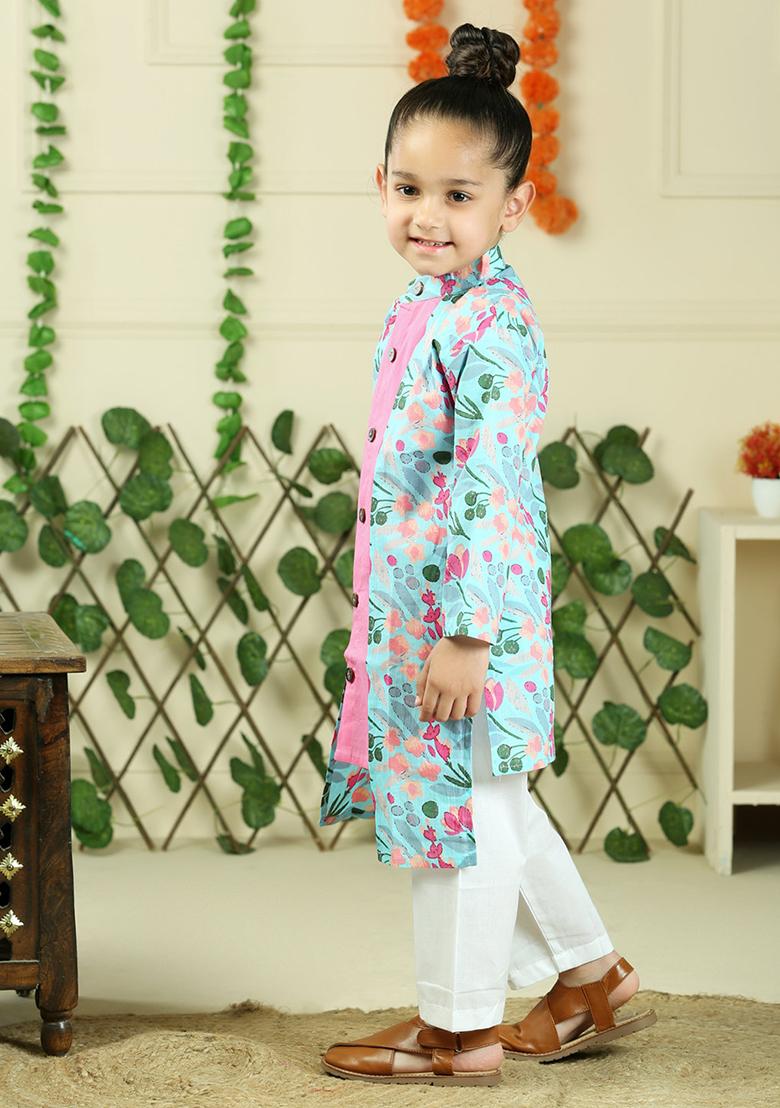 Pink Floral Print Cotton Kurta Set For Boy