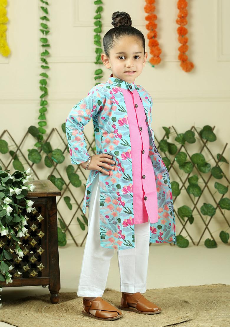 Pink Floral Print Cotton Kurta Set For Boy