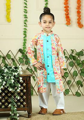 Turquoise Green Floral Print Cotton Kurta Set For Boy