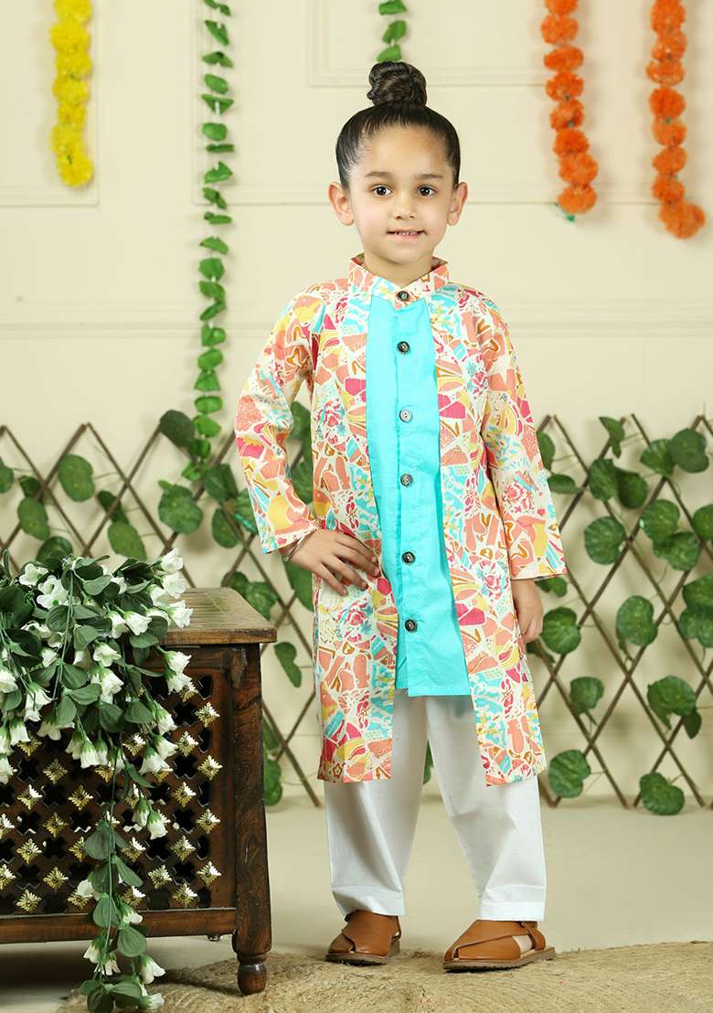 Turquoise Green Floral Print Cotton Kurta Set For Boy - Indya
