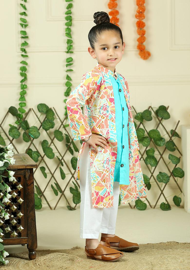 Turquoise Green Floral Print Cotton Kurta Set For Boy