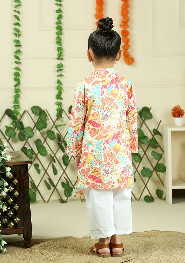 Turquoise Green Floral Print Cotton Kurta Set For Boy - Indya