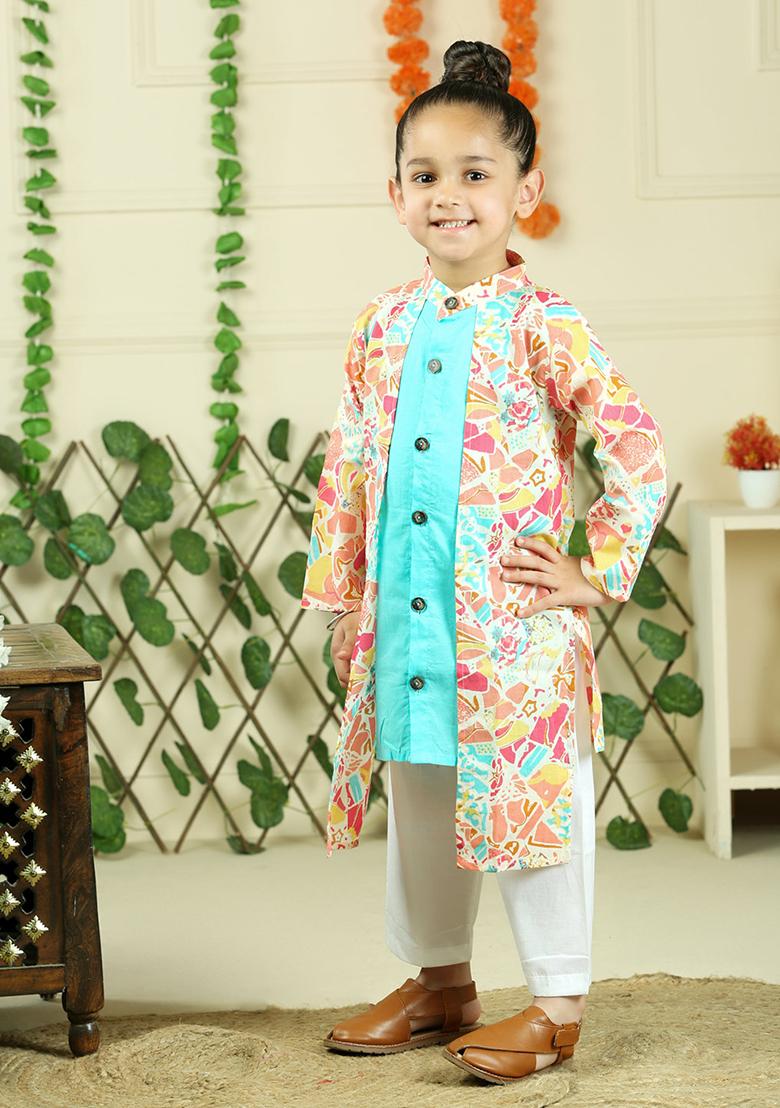Turquoise Green Floral Print Cotton Kurta Set For Boy