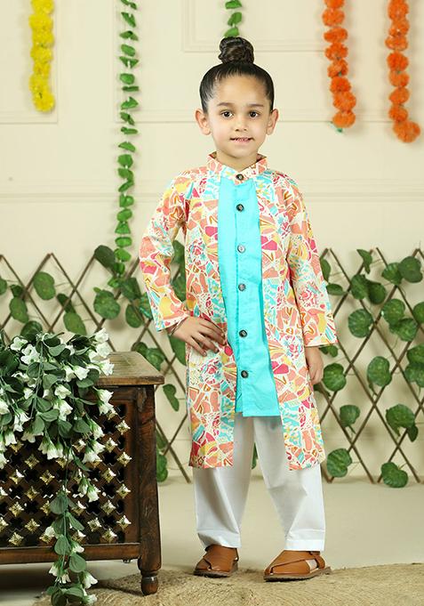 Turquoise Green Floral Print Cotton Kurta Set For Boy