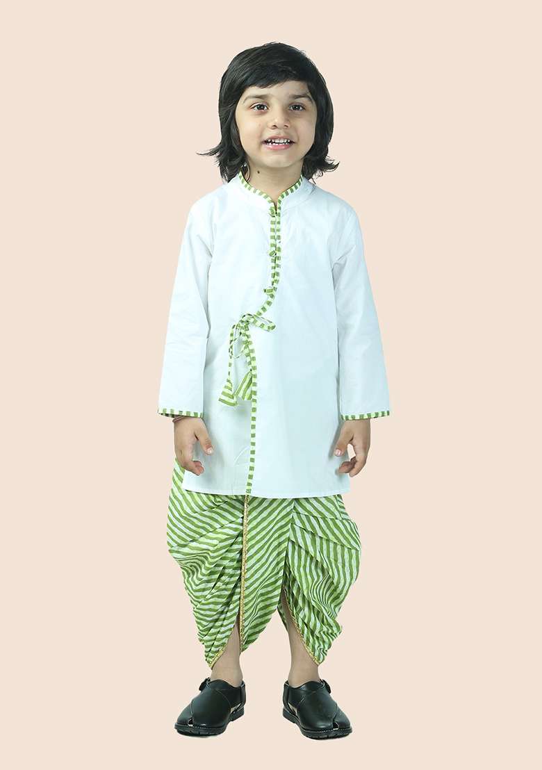Green Leheriya Print Cotton Kurta Set For Boy - Indya