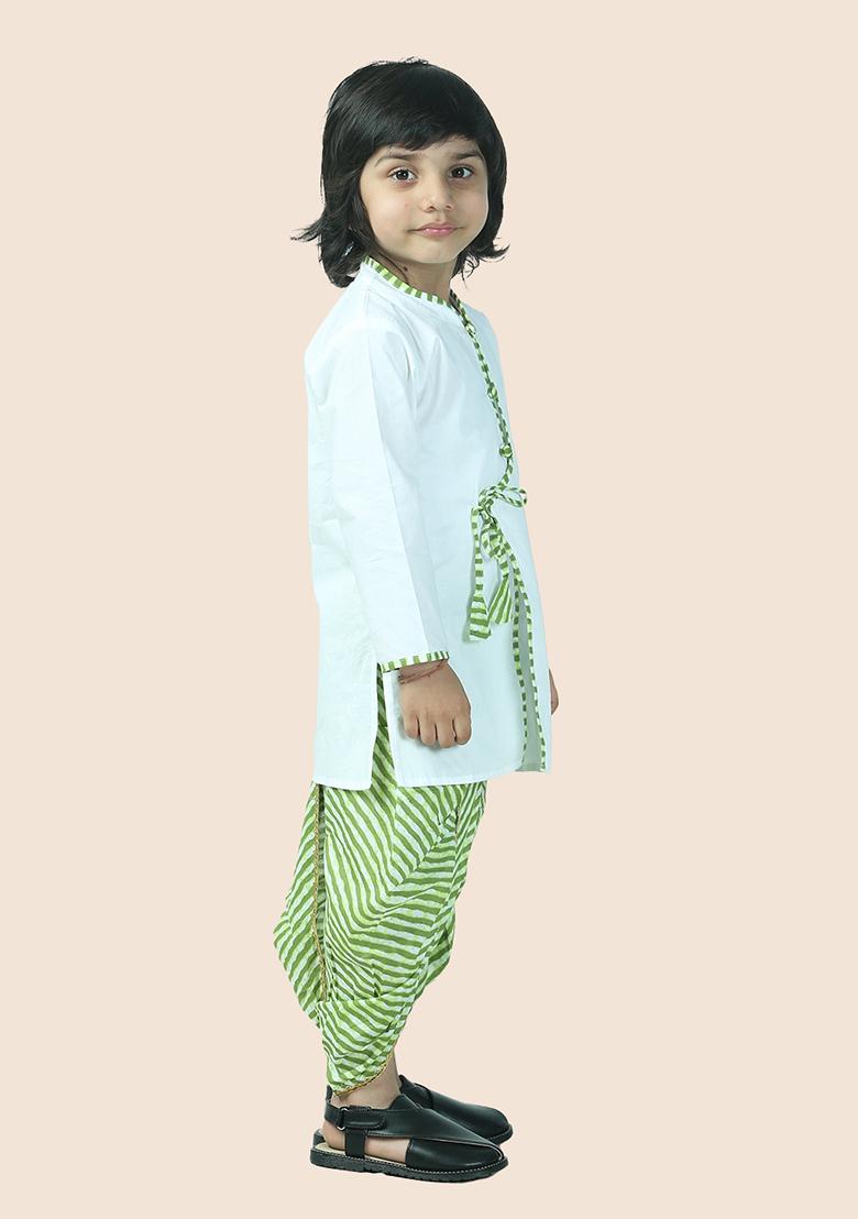 Green Leheriya Print Cotton Kurta Set For Boy