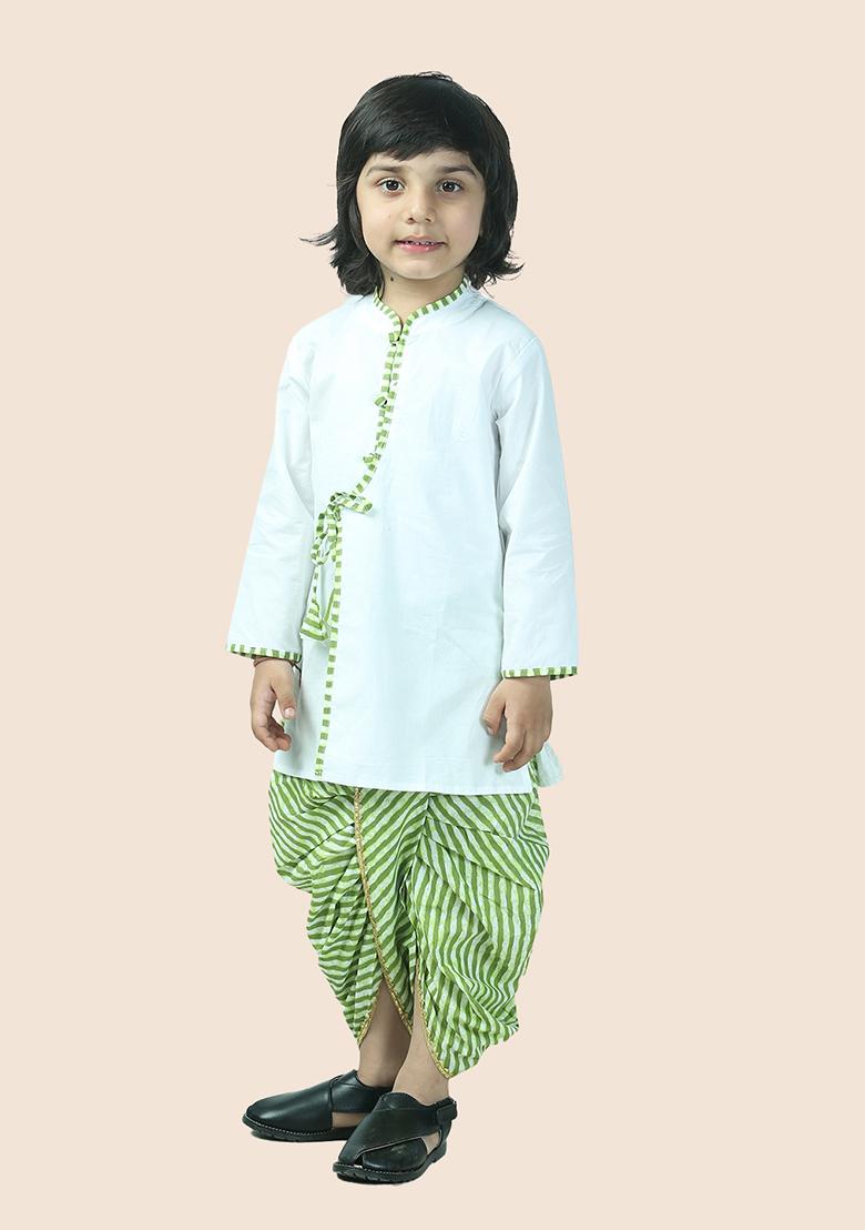 Green Leheriya Print Cotton Kurta Set For Boy