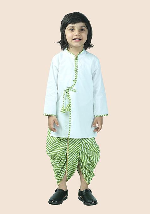 Green Leheriya Print Cotton Kurta Set For Boy
