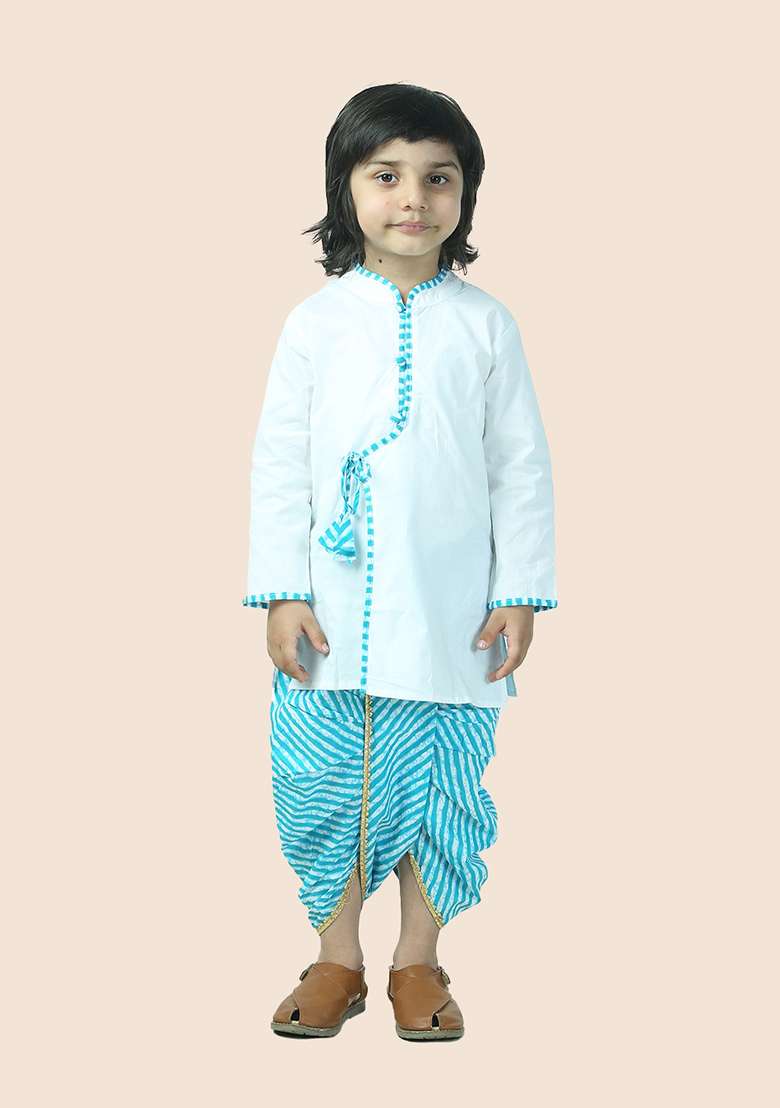 Blue Leheriya Print Cotton Kurta Set For Boy - Indya