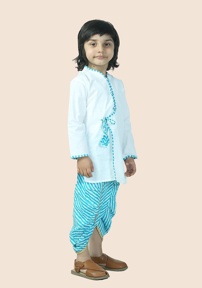 Blue Leheriya Print Cotton Kurta Set For Boy