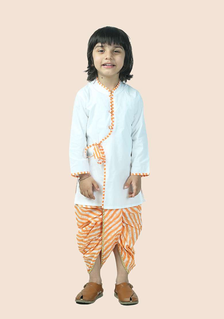 Orange Leheriya Print Cotton Kurta Set For Boy - Indya