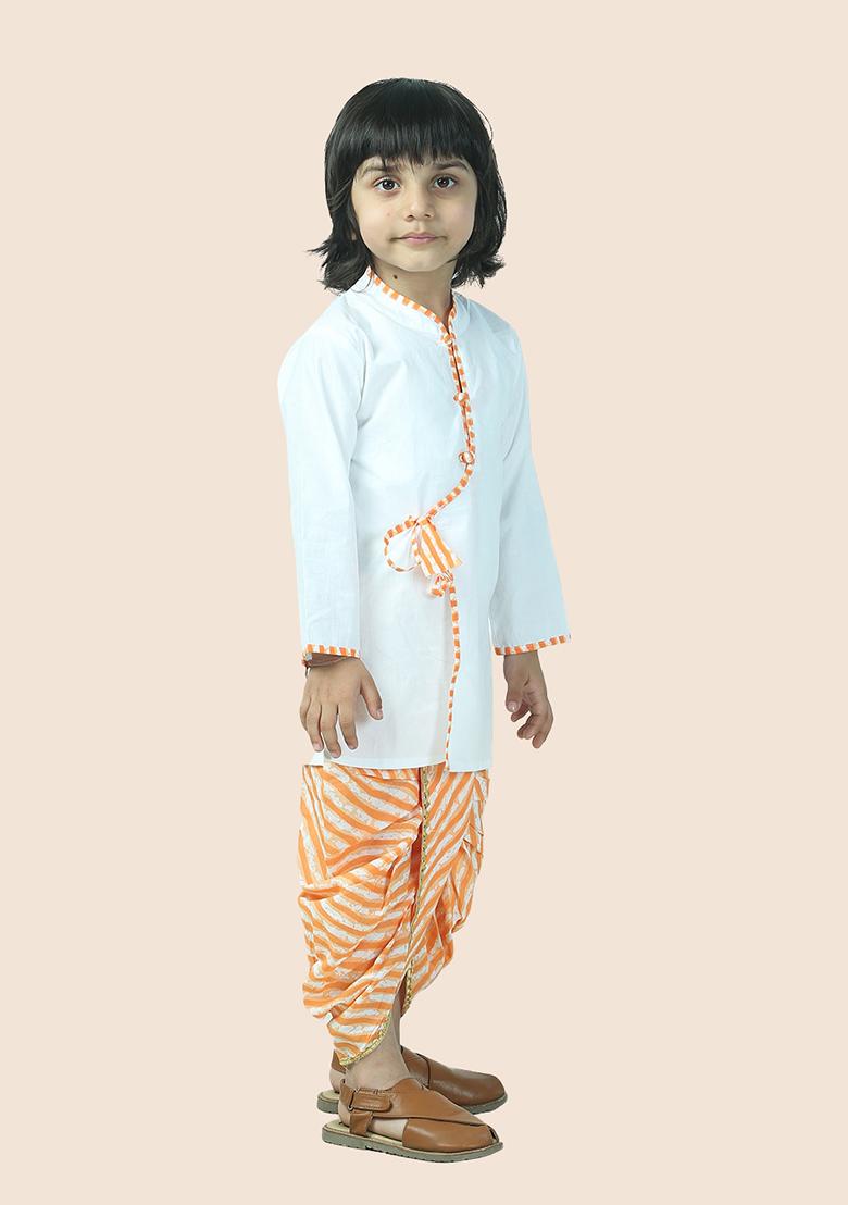 Orange Leheriya Print Cotton Kurta Set For Boy