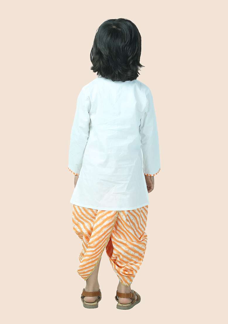 Orange Leheriya Print Cotton Kurta Set For Boy - Indya