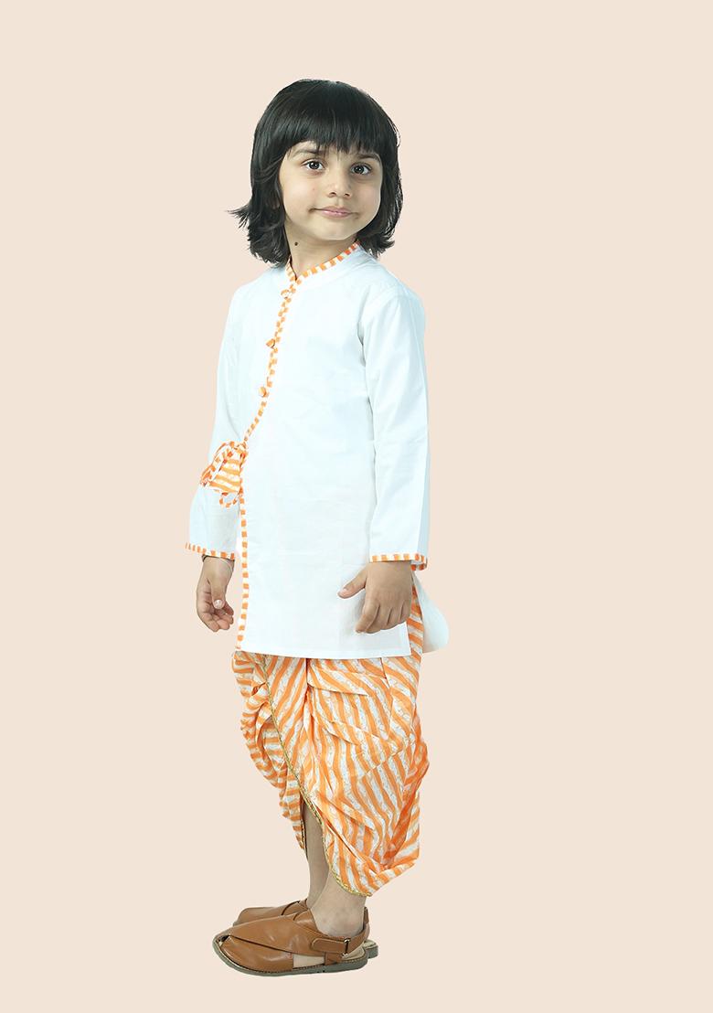 Orange Leheriya Print Cotton Kurta Set For Boy