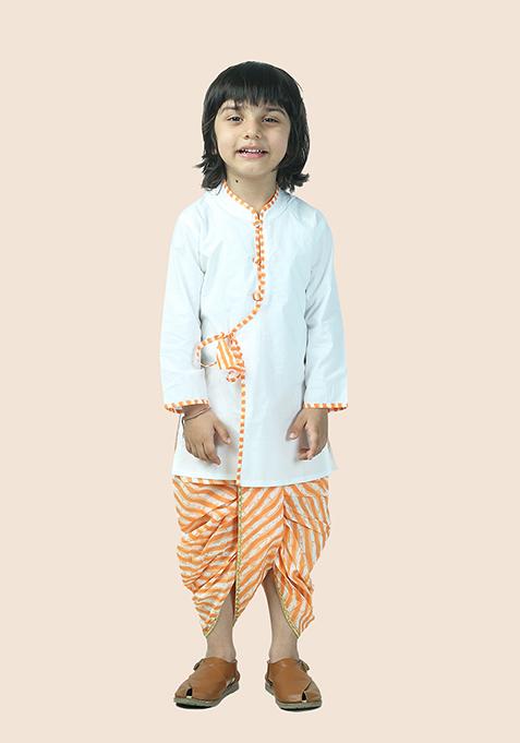 Orange Leheriya Print Cotton Kurta Set For Boy
