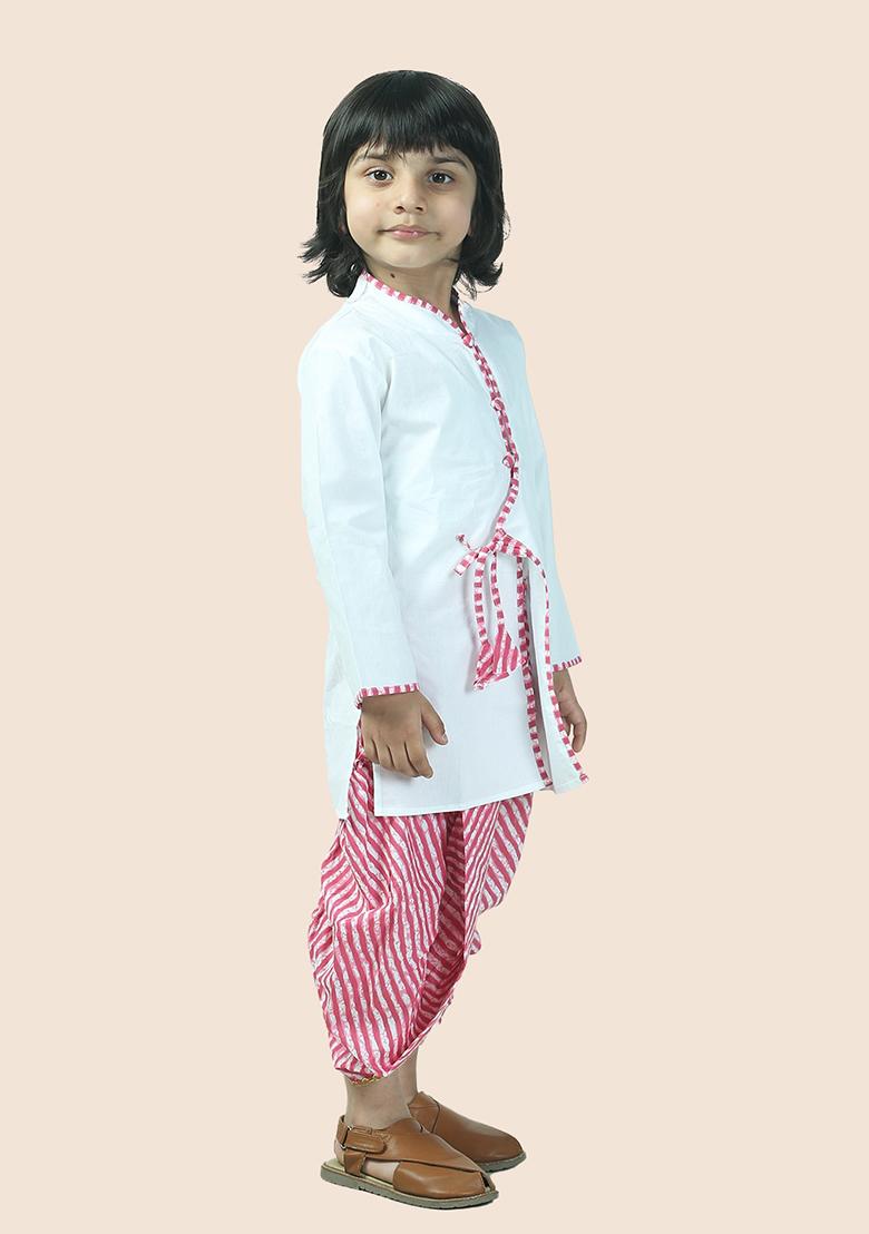 Pink Leheriya Print Cotton Kurta Set For Boy