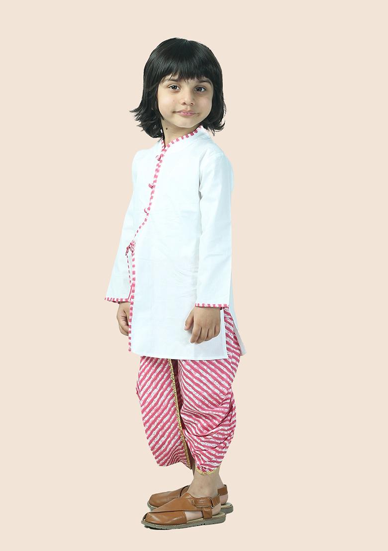 Pink Leheriya Print Cotton Kurta Set For Boy