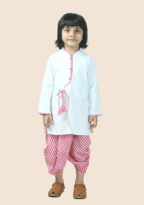 Pink Leheriya Print Cotton Kurta Set For Boy