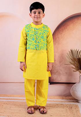 Yellow Printed Cotton Kurta Set For Boy