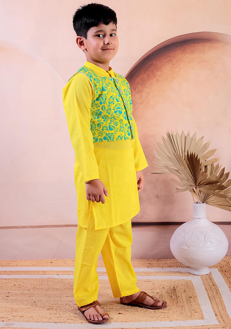 Yellow Printed Cotton Kurta Set For Boy