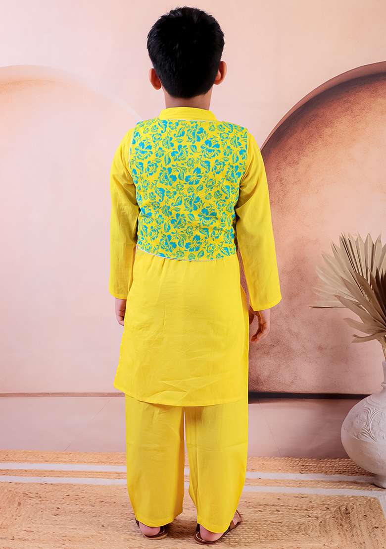Yellow Printed Cotton Kurta Set For Boy - Indya