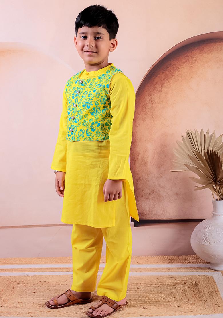 Yellow Printed Cotton Kurta Set For Boy